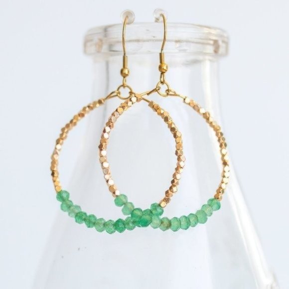 BUNDLE EARRING AND NECKLACE Green Aventurine Sparkly hoops half paperclip chain - Picture 12 of 16